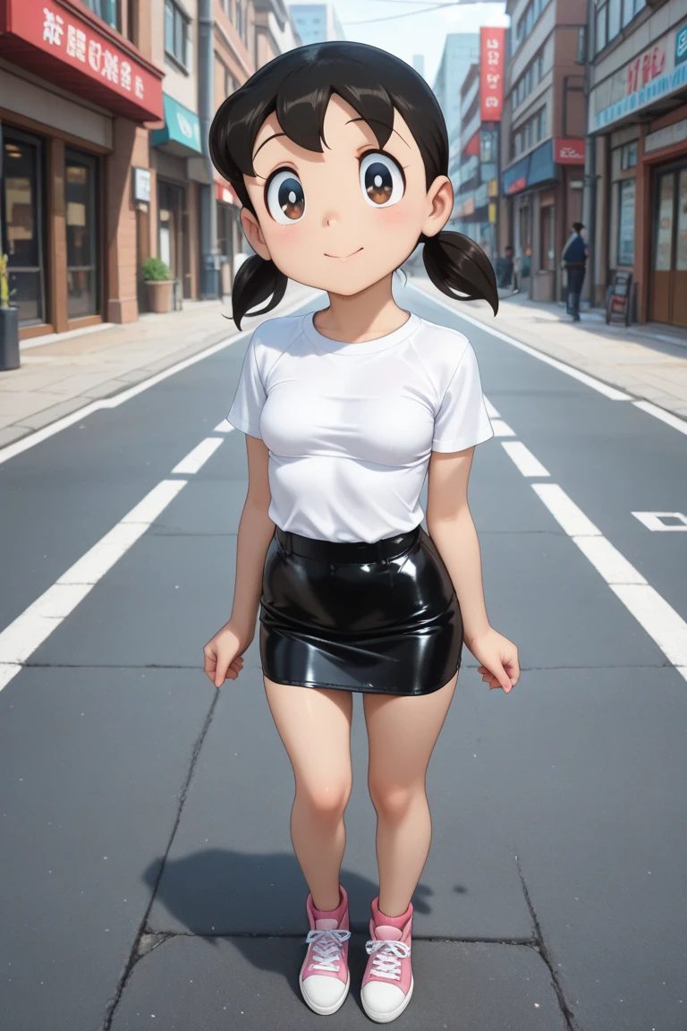 girl around 24 years old(Baby Face、very slim figure、Looks 9 years old)Short denim skirts like tights(Rubber)、Top Model(Flat Chest)、Strike a pose for a photo、Cool pose、Graffiti art background、A shy smile,Very chibi,Very short,Brown eyes,freckles,Thick eyebrows,Blunt bangs,Brat、Adult、Shorts、 4K 、