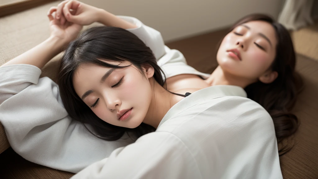 (One female:1.5),8k, ((Tabletop)),(((Highest quality))),((Highly detailed body depiction)),((((Realistic)))), (Photorealistic:1.3), (超Realisticな), (High resolution), (Highly detailed fingers), (Best illustrations), (Highly detailed skin), (Detailed face), (Beautiful expression), ((詳細 Highest qualityのスキン:1.2)), ((Moisturizing the skin)), ((Reddish blush)), (Highly detailed background, Detailed Background), ((Cinematic light quality backlighting)), Full body photo, Japanese women, Vibrant colors, 45 years old、Japan Married Woman、Bob Hair、((Sleeping soundly with closed eyes:1.5))、In a dream、Sleeping、((Close-up of face:1.2))、You look feels good、Look down、Sleeping comfortably,sexy nightgown、Sleeping face down、crop top, under boobs, sexy see through nightgown