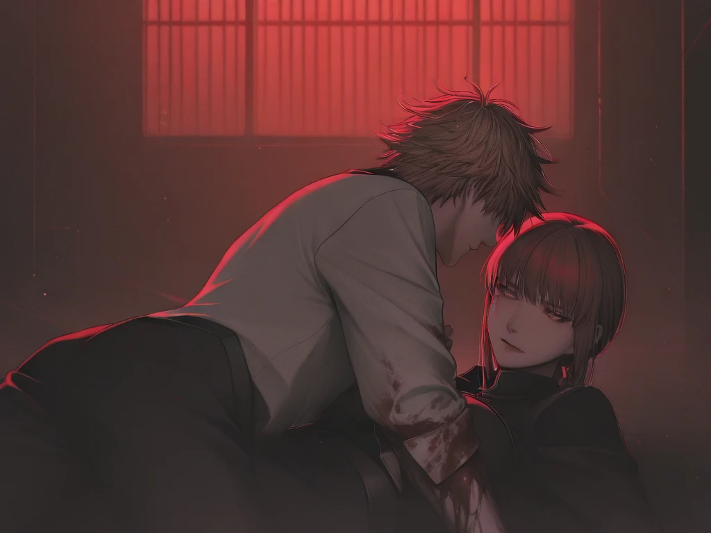 a guy with orange hair and blue eyes, White T-shirt, dark gray pants, covered in blood, not smiling, does not blush, sad look blood on face, blood everywhere, hugs the girl on his lap, with very short dark brown hair, With Your Eyes Closed, dying, not smiling, does not blush, face in blood, The body is covered in blood, clothes covered in blood, in a dark green shirt and a dark brown long skirt, all in blood, anime art, masterpiece, realistically, super detail, professional quality