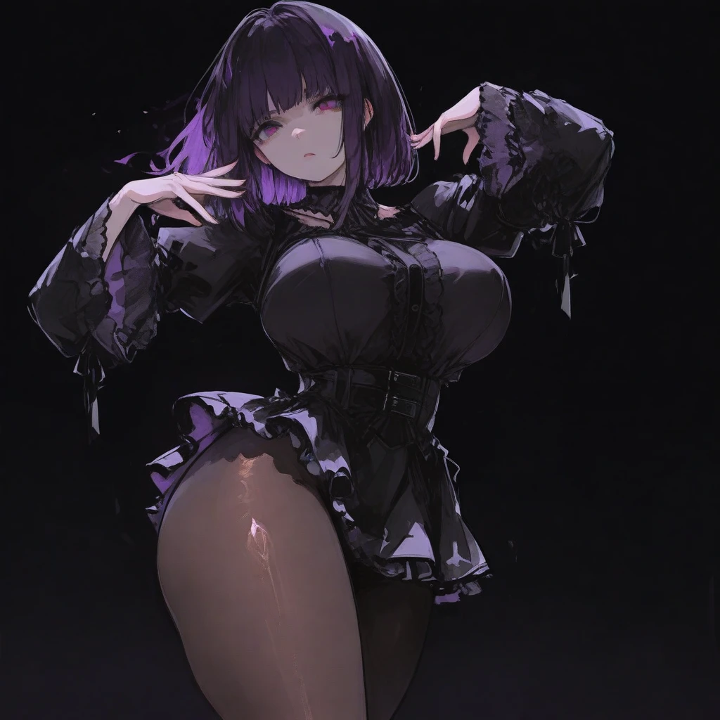 Masterpiece level, highest quality assurance, highlighting the image of 1 girl, official style, fantastic purple eyes and hair, elastic skin, moderate medium shot, looking directly at the audience, clear picture and vignetting effect, detailed and charming eyes (pureerosface_v1:0.5), extremely provocative action, intense star track background, bustling cross-legged, arrogant bangs, horror apocalyptic background, the same color of left and right eyes, (from below:1.5), (one girl:1.5)