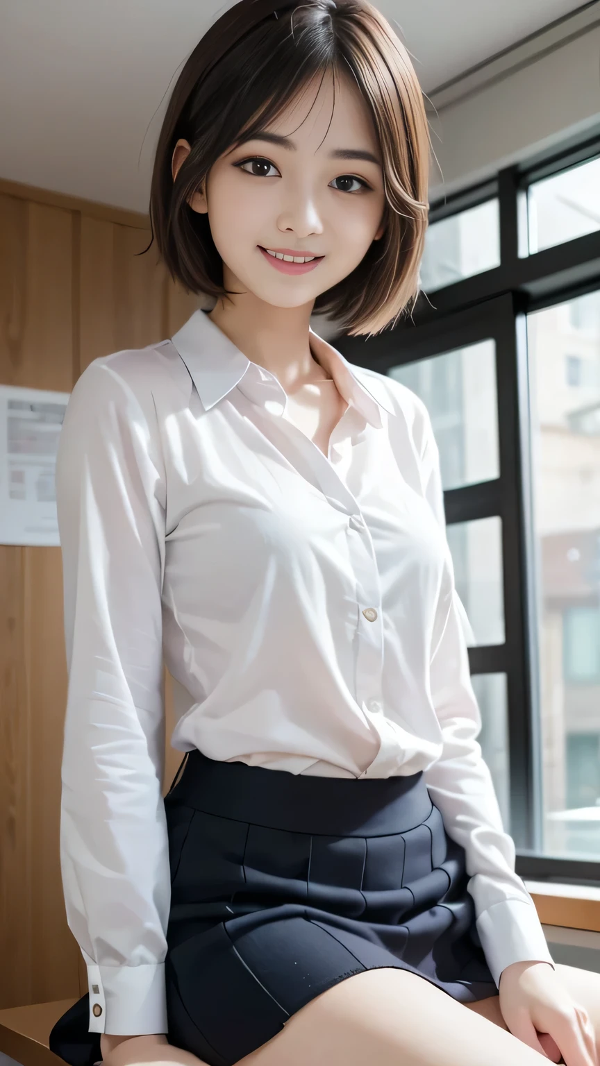 (8k, best quality, masterpiece:1.2), (realistic, photo-realistic:1.37), ultra-detailed, 1 girl, cute, solo, beautiful detailed sky, detailed cafe, night, sitting, dating, (nose blush), (smile:1.15), (closed mouth) small breasts, beautiful detailed eyes, (collared shirt:1.1), night, wet, business attire, rain, white lace, (short hair:1.2), floating hair NovaFrogStyle, topless,
