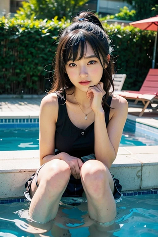 (8K、Raw photography、top-quality、masterpiece:1.2)、(realisitic、Photorealsitic:1.37)、(Baby face:1.3)、(Short haircut:1.3)、swim wears、Undress、tiny chest、undergarment、ultra-detailliert、超A high resolution、see the beholder、beautifull detailed face、A smile、Constriction、(Slim waist) :1.3)、Beautiful detailed skin、Skin Texture、floated hair、profetional lighting