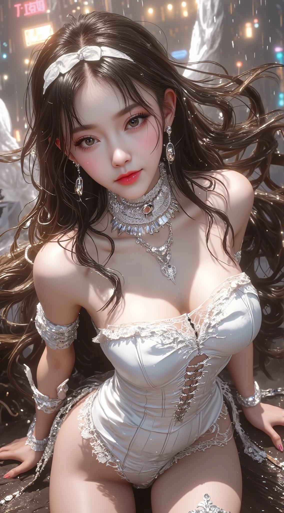 Sweet girl clothes4,strapless dress,jewelry,, midjourney portrait, Best quality:1.4, photo-realism:1.4, skin texture:1.4, masterpiece:1.8, 1 Women, buttocks raised, beautidful eyes, Long-haired, eye socket, jewely, Tattooed with,