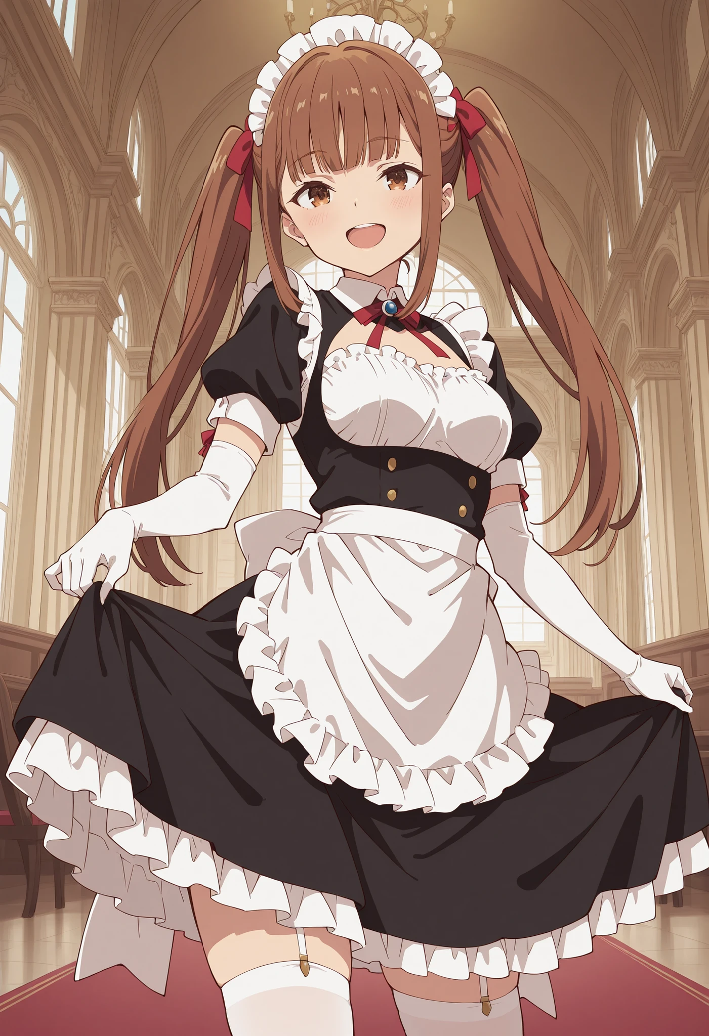 Score_9, score_8_up, score_7_up, source_anime, lyra (girumasu), solo, brown hair, twintails, hair ribbon, blunt bangs, sidelocks, brown eyes, (green eyes:0.8), (best quality), (high quality), {masterpiece}, extremely delicate and beautiful, ultra-detailed, beautiful detailed eyes, maid, black maid costume, short sleeves, puffy sleeves, white headdress, white frilled apron, white elbow gloves, white thighhighs, mansion, indoor, smile, open mouth, standing