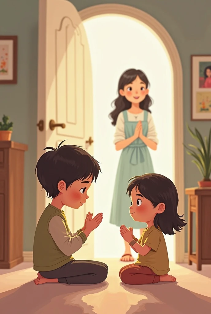 The boy decides to pray: In a different part of the room, the boy is seen mimicking his mother's prayer posture, looking determined yet cute, as he decides, "Then I will also pray every day!" The room is warmly lit, and a small prayer mat is next to his mother’s.