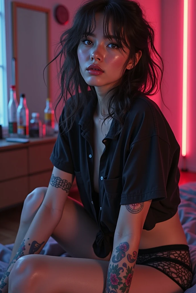 Beautiful Asian Girl with black hair, inexplicable beauty, beautiful eyes, beautiful lips and beautiful long black hair, with small waves at the ends, with tattoos and a short T-shirt, lying on the bed posing with glasses, with neon background colors