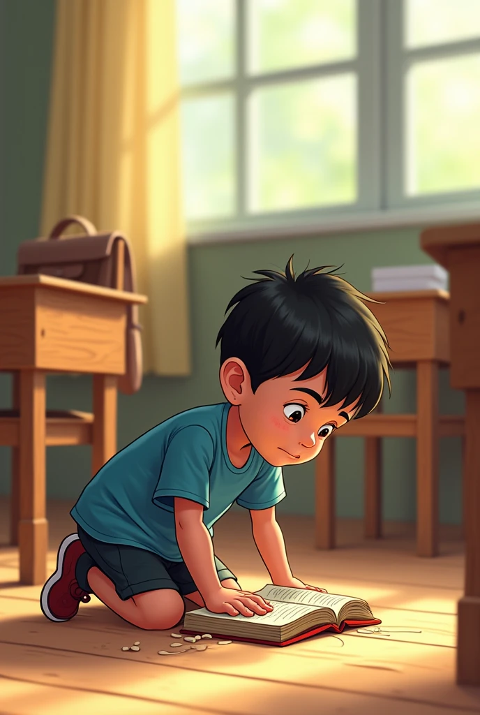 Child looking at a broken chair at his school
