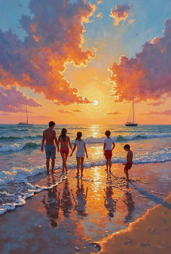 beautiful sunset on the beach, children playing on the sand, high definition, artwork, oil painting