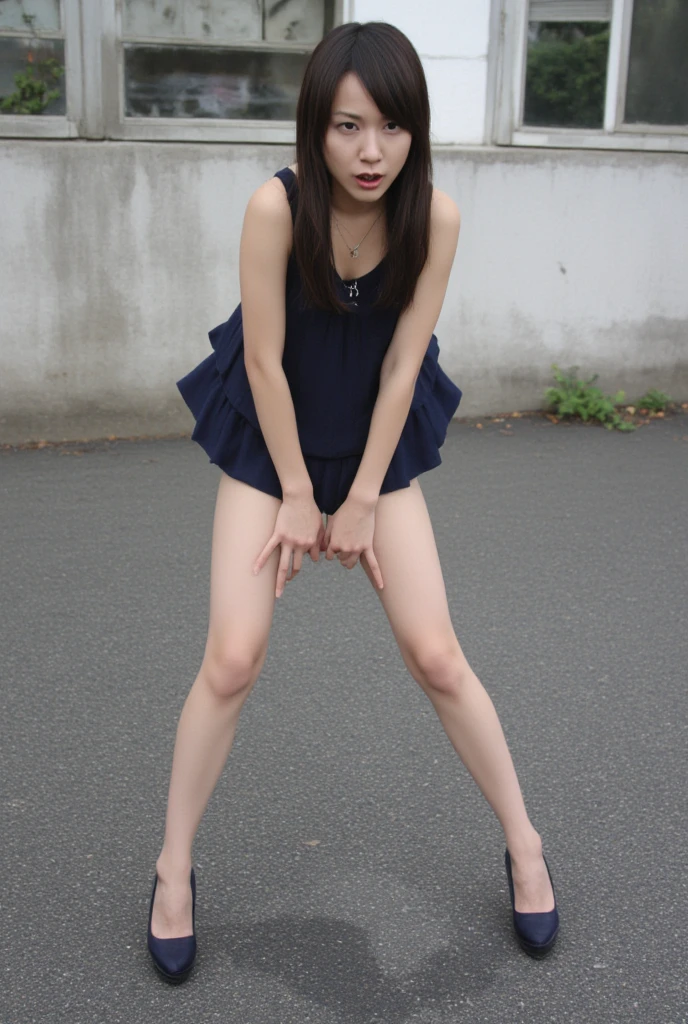 ((No clothes))、Thick pubic hair、((Squat))、((Small nipples)),Detailed vagina、Squat with your knees apart、Show the viewer the vagina、((Flat chest))、skinny、Dimples、short hair、Very short hair、Very thin girl、Small breasts、AA Cup Breast 、Small nipples、Very small hips、Very thin arms、Very slender body、Very slender legs、High heels, Show your armpits、Park bench、Looking at the audience、Dazzling sunlight、