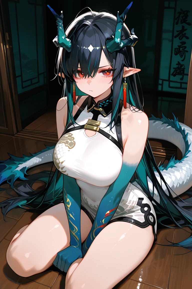((Highest quality、unity 8k wallpaper、32K、masterpiece、Very detailed、Ultra-high resolution、Ultra-high resolution、 Very detailedな顔, RAW Photos, Professional, Ultra-fine painting, Anatomically accurate lizard man)) Kotegawa Yui morphing into lizardwomen, kotegawayui, black long hair, yellow eyes, ((Reptilian eyes)、Mouth with sharp fangs、From shoulder to clavicle、Covered in fine scales up to the neck、(Above the buttocks、A long, impressive lizard tail connected to the spine growing from the tailbone) 、Lizard legs with sharp claws、Fine blue scales growing like thigh-high socks、Fine blue scales growing like long gloves、Long fingernails)、Nipples in full view、((Fine scales on the flank、Fine blue scales growing around the waist, Scales on the back、Scales from flank to thigh))、