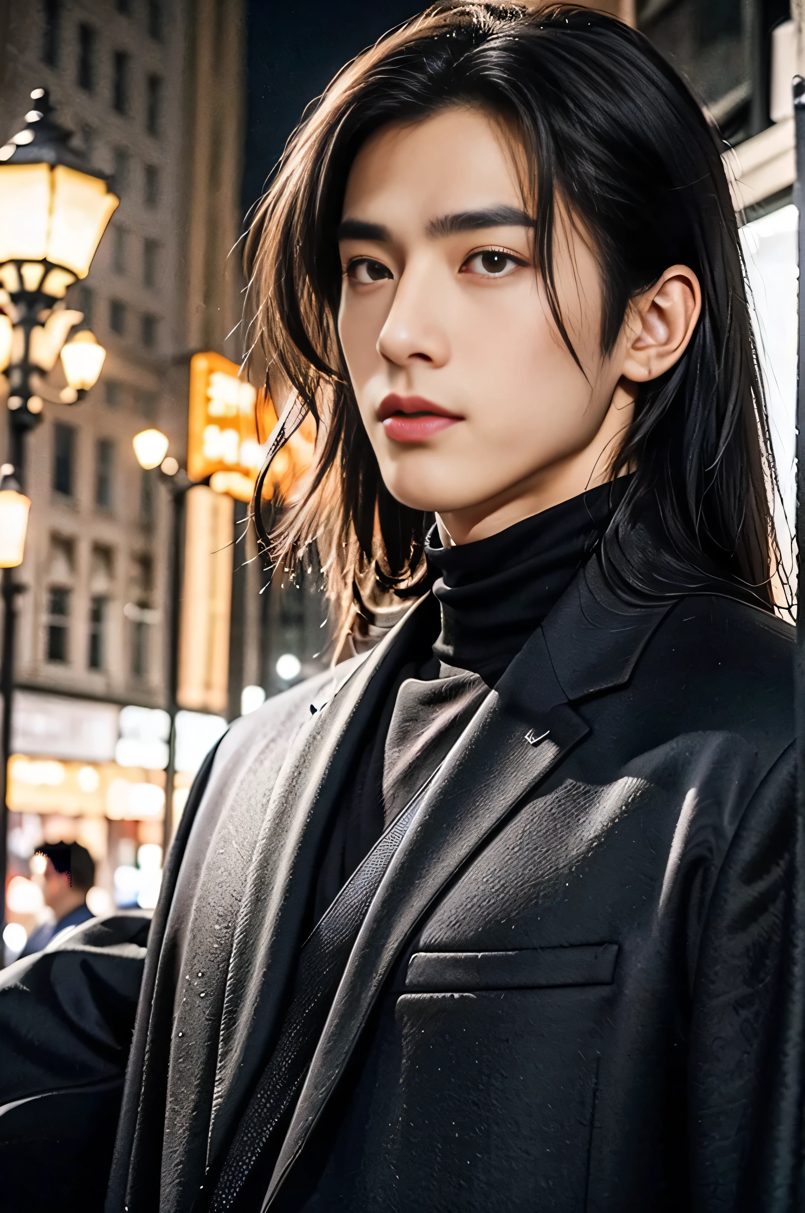 A 25-year-old Asian man, Thick eyebrows, Melon seed face, Handsome face, Men's full body, The background city night street view, Time is night, Deep blue sky, A full moon, his skin is fair, He is slender, the limbs have pronounced muscle lines, high-definition photography, Real-world scenarios, Lots of detail, wearing black long coat, black long pants, black turtleneck shirt, ((Medium Wide Shot)), ((medium length messy hair))