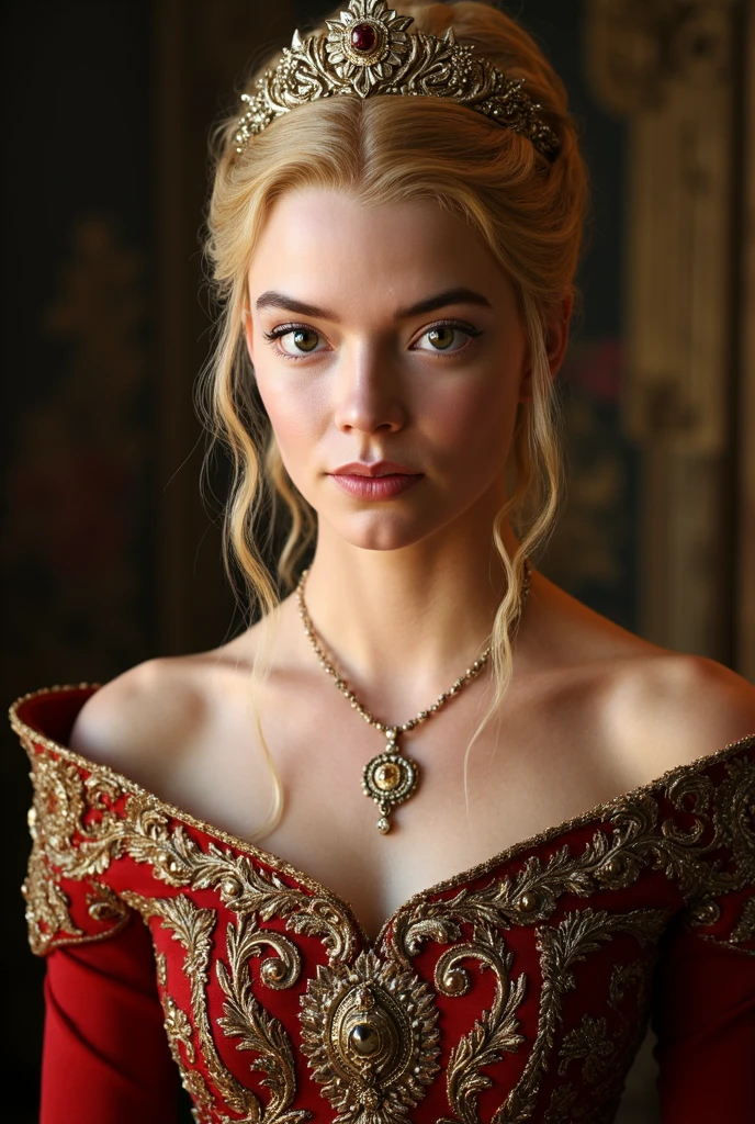 1 woman, sitting inside an elegant medieval room, wearing a sensual red dress with a low neckline and no sleeves, large breasts, detailed facial features, feminine brown eyes, sensual woman, detailed fair skin, gold bracelet, gold earrings, golden blonde hair, dramatic lighting, cinematic composition, dark palette, dark colors, atmospheric haze, thin chin, serious face, serious face, strong and beautiful woman, adult woman, ultra realistic, profile picture, adult woman (best quality, 4K, 8K, high resolution, art : 1.2), ultra detailed (realistic, photorealistic, photorealistic : 1.37)