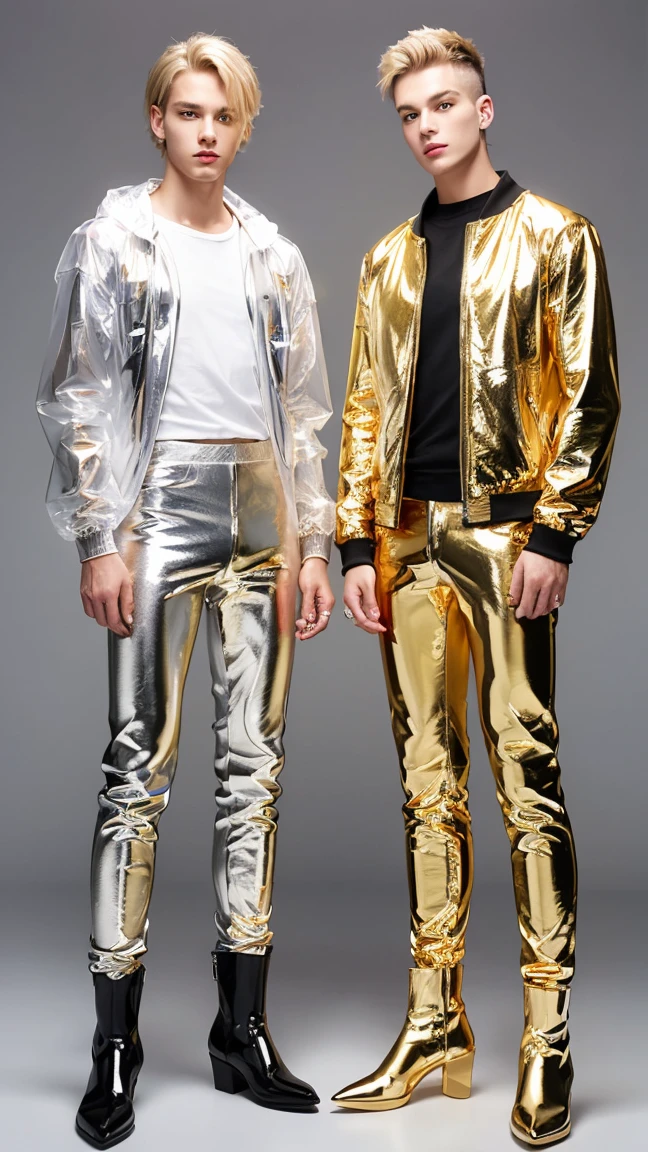 full view full body, one muscular bodybuilded white european handsome Man with clean undercut light-brown haircut, in bright-orange latex jumpsuit and white latex socks, no shoes, wearing gold rings, bracelets, necklaces, posing in gay clothing store, showing his white latex socks