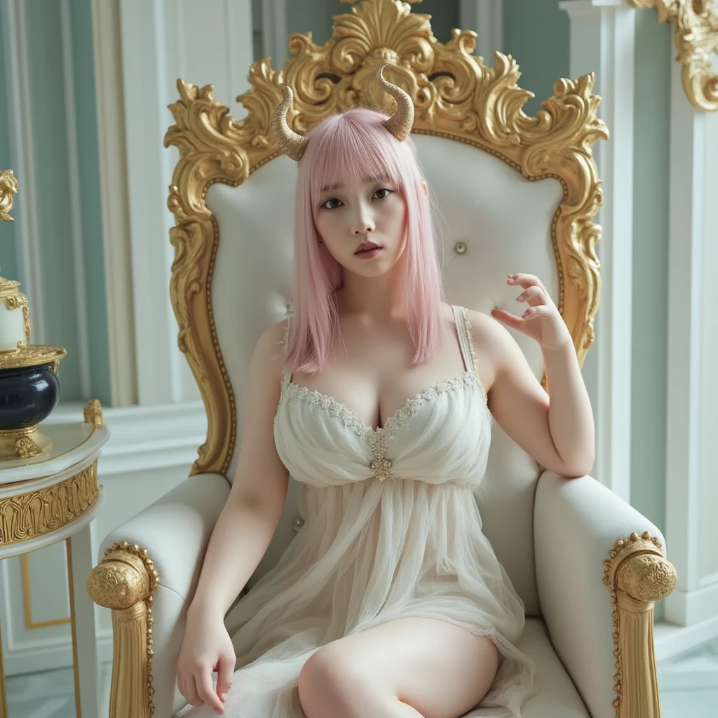 masterpiece,highest quality,Beauty,Pink Hair,bangs,Bob,crown,Big Breasts,(vagina),Queen,Wearing a blue fur coat,Holding a scepter,squat,palace,