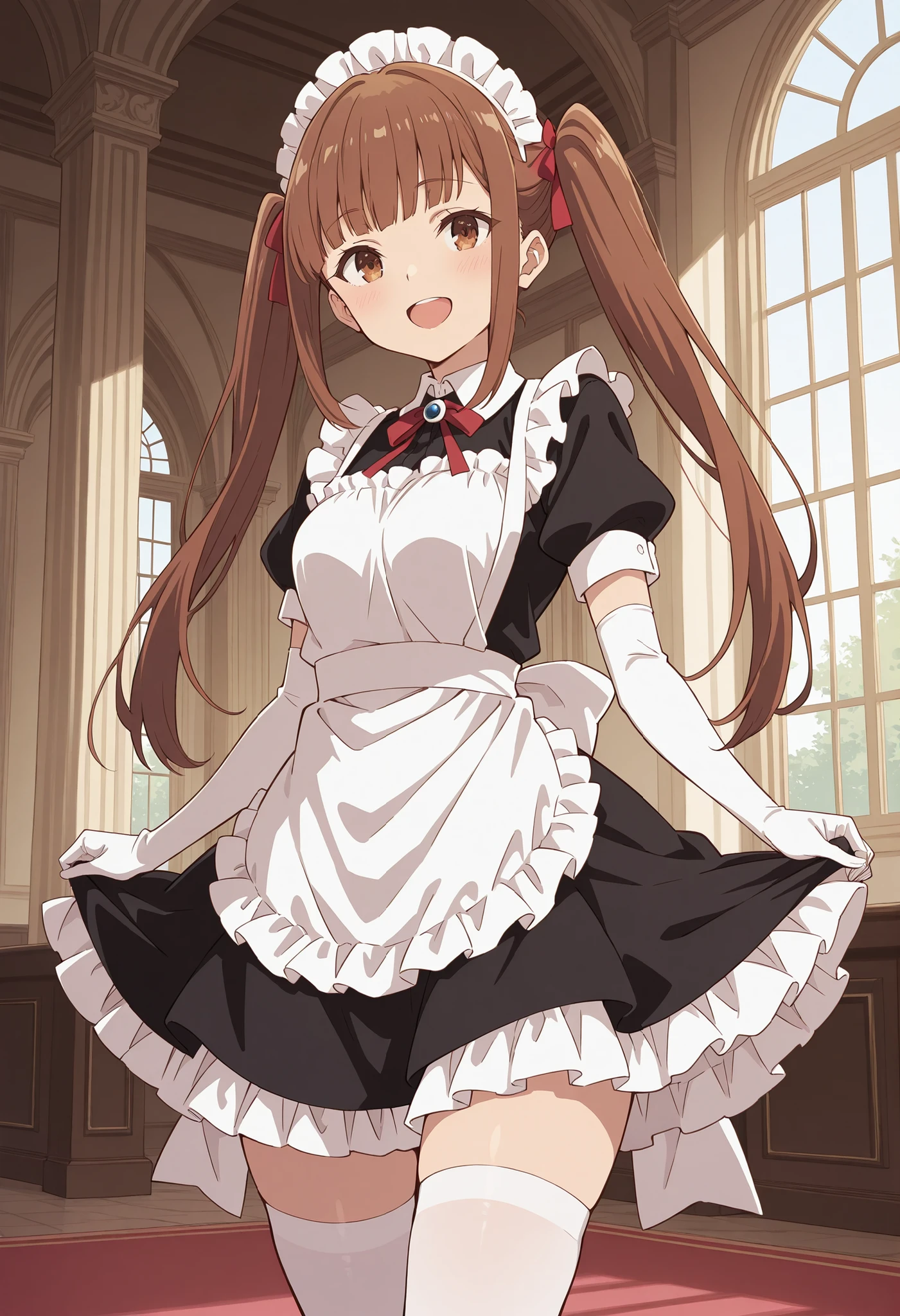 Score_9, score_8_up, score_7_up, source_anime, lyra (girumasu), solo, brown hair, twintails, hair ribbon, blunt bangs, sidelocks, brown eyes, (green eyes:0.8), (best quality), (high quality), {masterpiece}, extremely delicate and beautiful, ultra-detailed, beautiful detailed eyes, maid, black maid costume, short sleeves, puffy sleeves, white headdress, white frilled apron, white elbow gloves, white thighhighs, mansion, indoor, smile, open mouth, standing