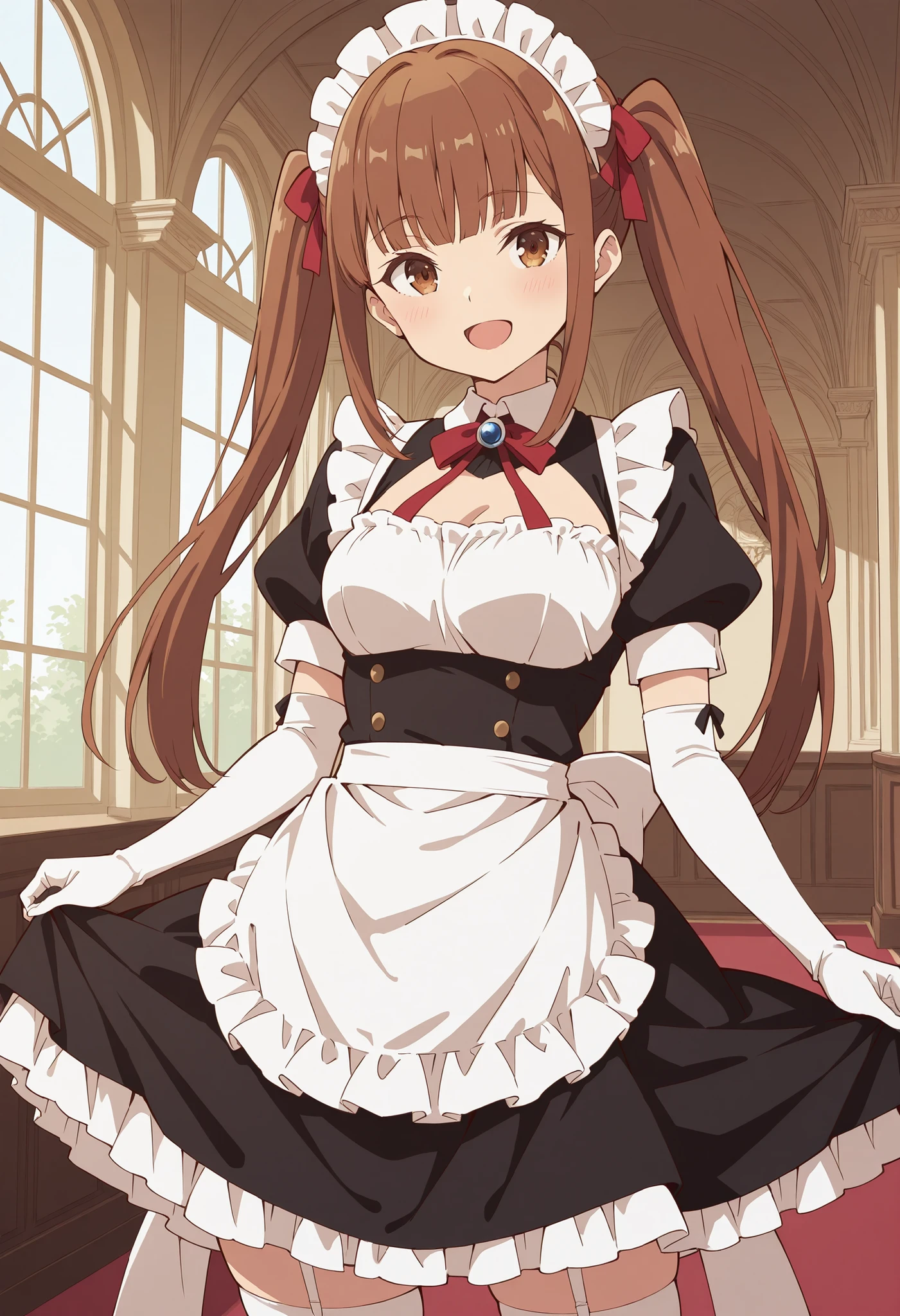 Score_9, score_8_up, score_7_up, source_anime, lyra (girumasu), solo, brown hair, twintails, hair ribbon, blunt bangs, sidelocks, brown eyes, (green eyes:0.8), (best quality), (high quality), {masterpiece}, extremely delicate and beautiful, ultra-detailed, beautiful detailed eyes, maid, black maid costume, short sleeves, puffy sleeves, white headdress, white frilled apron, white elbow gloves, white thighhighs, mansion, indoor, smile, open mouth, standing