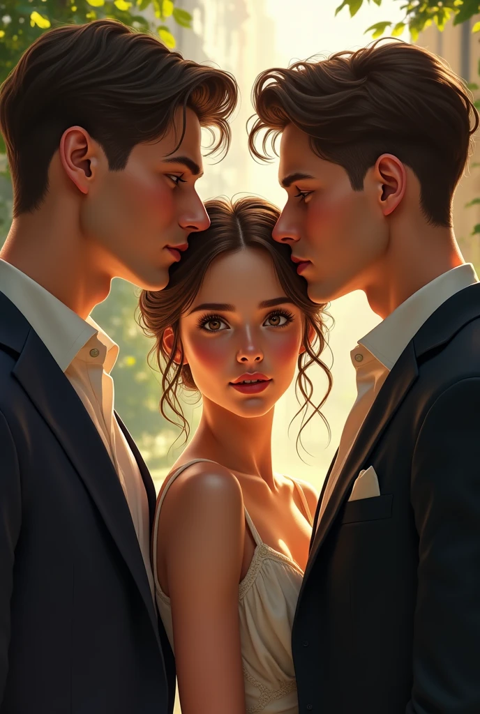 Une femme au centre, hésitante, entre deux hommes qui l'observent avec amour. Lumière douce, soirée romantique, ambiance indécise. Style réaliste
