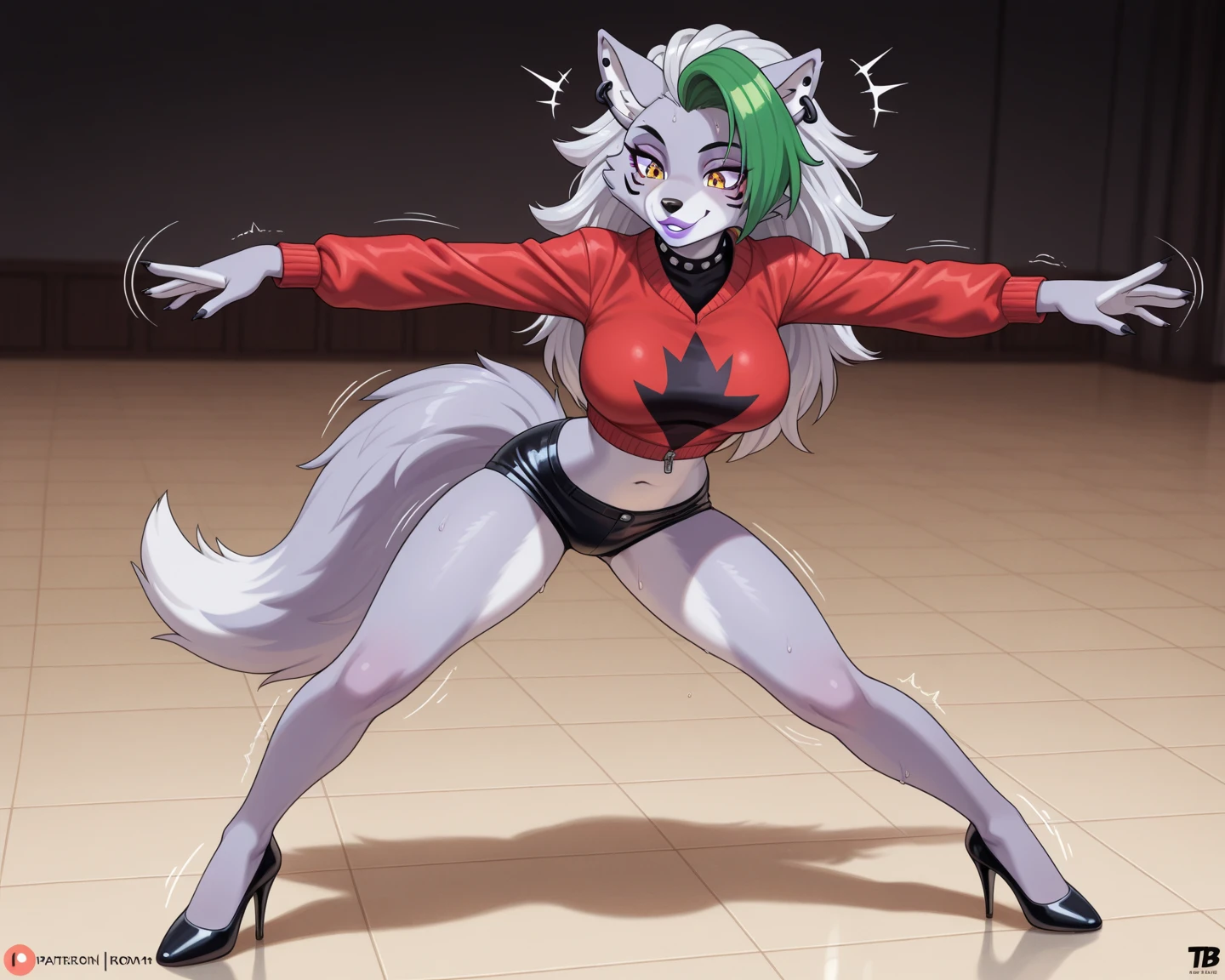 score_9, score_8_up, score_7_up, score_6_up, score_5_up, score_4_up, (roxanne wolf), (behind view), (ass focus), (whisperfoot style), (anthro furry), wolf ears, yellow eyes, ear piercings, (grey fur), (wet fur), long fluffy tail, grey tail, long hair, grey hair, (strand of green hair), very large breasts, (cheerleader outfit), (red crop top), (cleavage), (red skirt), (red pompoms), (cute red panties), purple wrist bands, purple socks, sexy curves, big head, (solo), cheerleading, bending over, black lips, seductive pose, hand above head, one closed eye, cheering expression (stadium background)