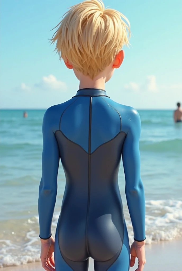 14 and 15 years old, Two cute silver-haired brothers aged 14 and 15 argue in the middle of the desert in blue male swimsuit
