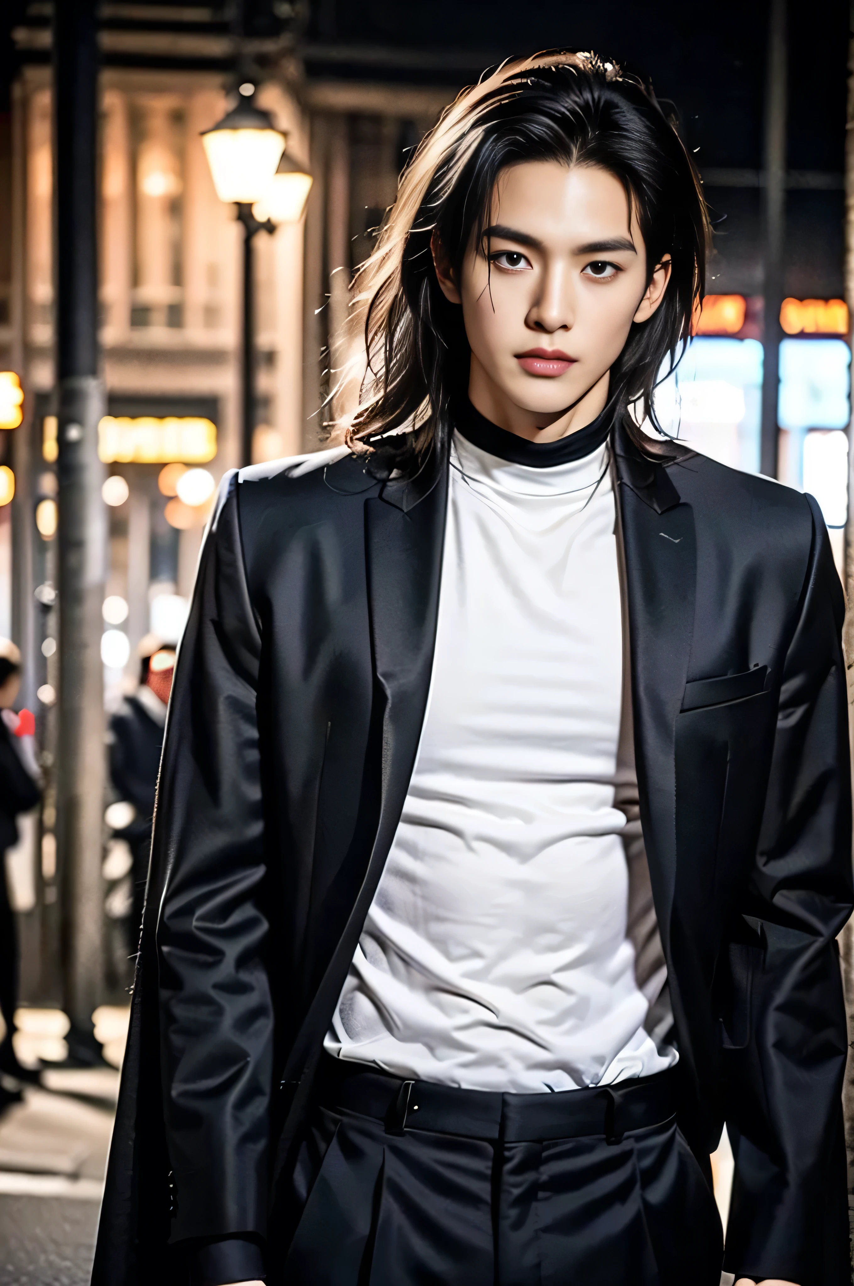 A 25-year-old Asian man, Thick eyebrows, Melon seed face, Handsome face, Men's full body, The background city night street view, Time is night, Deep blue sky, A full moon, his skin is fair, He is slender, the limbs have pronounced muscle lines, high-definition photography, Real-world scenarios, Lots of detail, wearing black long coat, black long pants, black turtleneck shirt, ((Medium Wide Shot)), ((shoulder length messy hair))