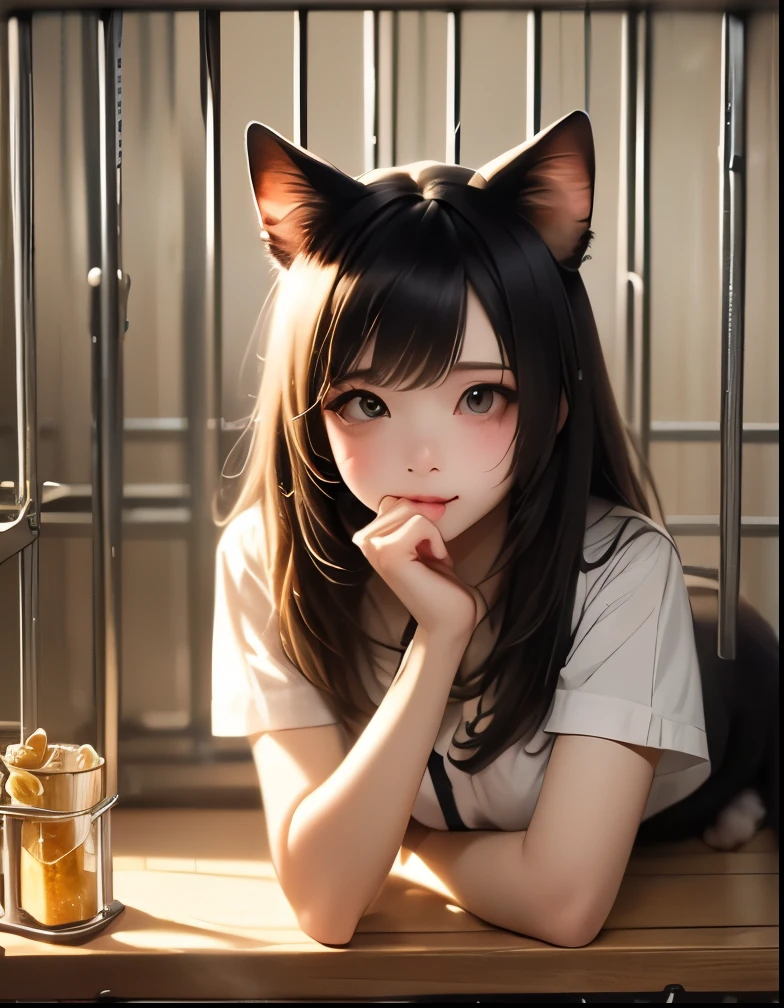 (((SFW、Highest quality、First Class Masterpiece、normal body 、32k、detailed faces with ofisu、super precise、Normal Hand、5 fingers、Highest)))、Beautiful girl、dark haired、 light clothing、Cat ears、guinea pig、Test sample、on all fours、cat punch、cage、Experimental Table、Scientific Research Institute