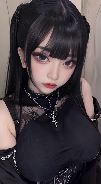 highest quality, masterpiece, ultra high resolution, (reality: 1.4), original photo, 1 girl, purple eyes, off shoulder, cinematic lighting、purple and black hair、mine girl、mine makeup、Pierced ears、big breasts、black t-shirt、dark mini skirt、((dark makeup、oil skin,sparkling skin、realistic skin texture、detailed beautiful skin、shiny skin、shiny skin)), dark downtown area at night、Dark Cyberpunk、(full shot:1.8)
