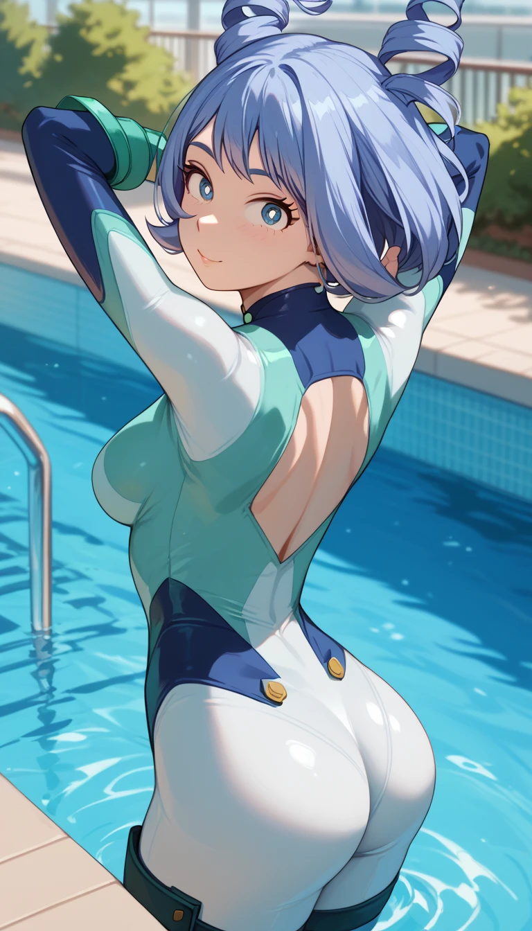 rem \(re:zero\), 1girl, solo, breasts, looking at viewer, blush, smile, short hair, bangs, blue eyes, medium breasts, hair ornament, cleavage, bare shoulders, standing, closed mouth, blue hair, collarbone, swimsuit, thighs, indoors, hair over one eye, one piece swimsuit, sideboob, x hair ornament, white one piece swimsuit, no private part showing, arms behind back