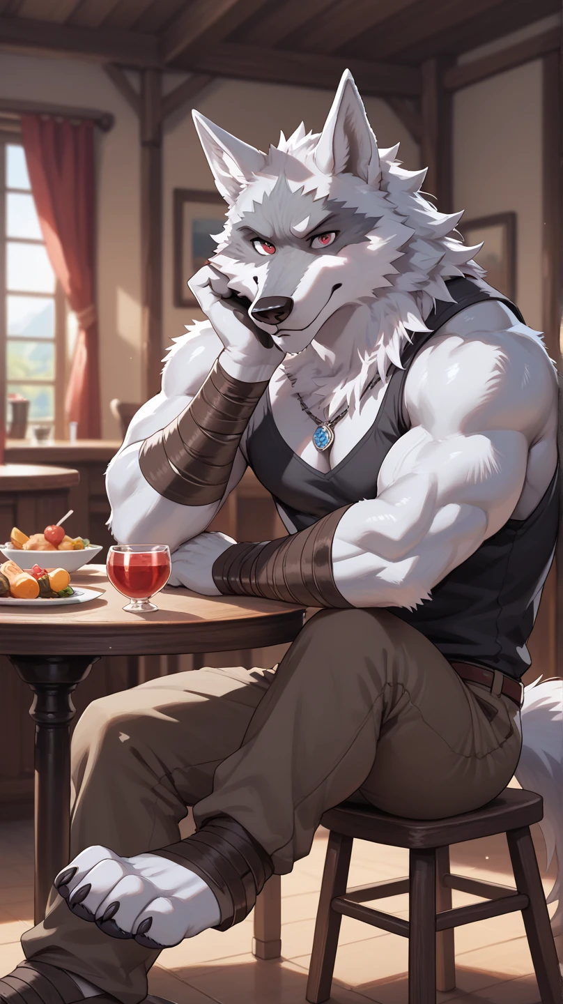 2d, masterpiece, best quality, 4k, 8k, ultra highres, raw photo in hdr, sharp focus, photo realism, real life like, detailed background, wolf anthro, wolf (((white body, white fur, no black fur, no fur pattern, plain fur, plain white fur, white fur, very long black hair, black beard))), muscular male, big nipples, black nipples, happy face, dilf, daddy, fangs, detailed big nipples, wide waist, broad shoulders, strong thighs, white teet, very long black hair, tank top, ripped jeans, tight clothing, big bulge, fur wet, detailed background, hi res, perfect brown eyes, (by darkgem, by takemoto arashi, by anhes), Negative prompt: boring_e621_fluffyrock_v4, bad-hands-5, deformityv6