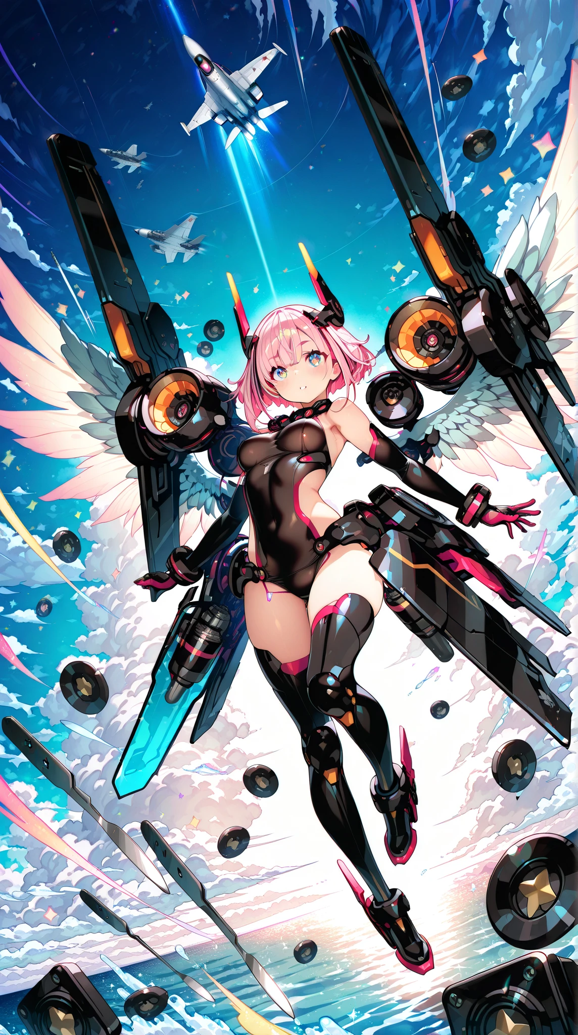 score_9, score_8_up, score_7_up, source_anime, masterpiece, best quality, high resolution, extremely detailed CG, absurdres, 1girl, a girl in mecha bunny_suit jumps high in the air, mecha bunny_ears, fake animal ears, mecha armor,happy, kawaii, sky, jump, fishnet_thighhighs, large_breasts, holding weapon