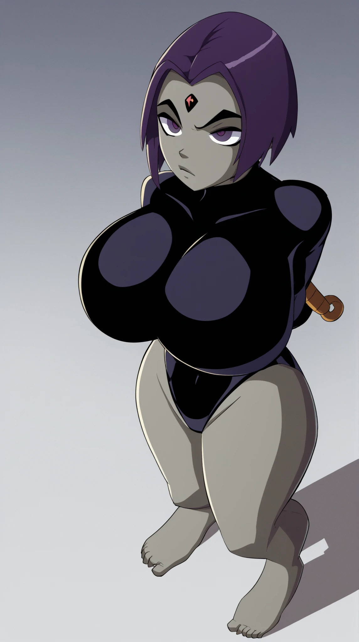 masterpiece,highres,best quality,1girl,solo,<lora:raven-wasabiya:1>,dcraven,colored skin,purple hair,grey skin,purple eyes,black leotard,large breasts,simple background,huge breasts,wide hips,arms behind back,upper body,