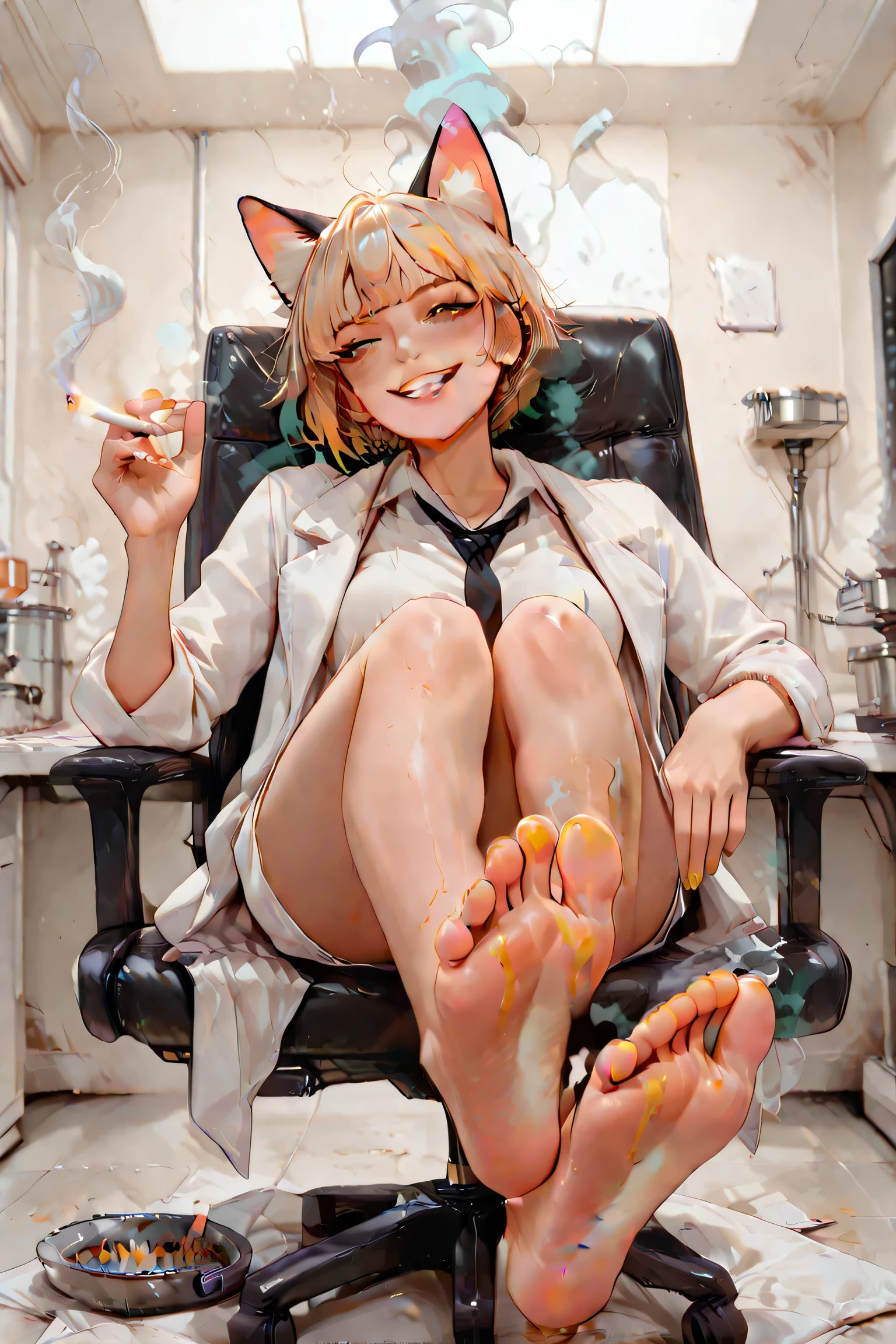 detailed soles,soles,blonde, cat ears, lab coat, scientist, high resolution, masterpiece, detail, smiles, smoky teeth, mouth wide open, cigarette smoke from mouth, желтоватые зубы, Painted nails, yellowish fingertips, smokes, heavy smoker, cigarette between your fingers, mouth full of cigarette smoke, anime, tomboy, shoulder hair, nicotine addiction,lifelong smoker, sits on an office chair, bare feet, a crowded ashtray nearby.
