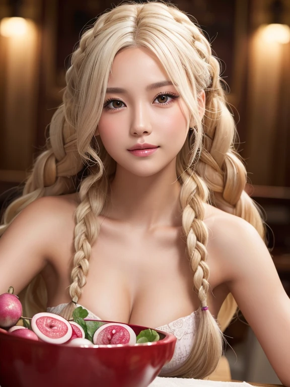The highest quality, masterpiece, exquisite CG, white hair antique girl holding mooncake, delicate and complex hair accessories, wearing exquisite and gorgeous pink and purple costumes, highlight, withering peach blossom petals, absolutely beautiful, charming, perfect, ultra-clear, 16k, HD