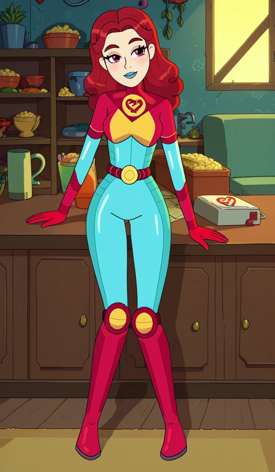 A robot housewife with a MILF appearance, featuring red hair, dark skin, and blue eyes, clad in a yellow dress, and wearing lipstick. The robot has its hair elegantly draped over one eye. The artwork should exhibit the best quality, with superior resolution such as 4k or 8k, and be ultra-detailed and photorealistic. The art style can be a blend of sci-fi and concept artists, and the overall color palette should be vibrant. The lighting should be carefully crafted to enhance the beauty of the robot housewife. Standing at attention, placed in a display case like a doll.