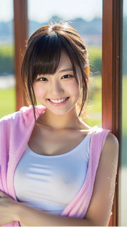 (8K、Highest quality、masterpiece:1.2)、White and pink outfit、Very detailed、Ultra-high resolution、Three Girls、Beautifully detailed face、(Slim waist) :1.3)、Beautiful and detailed skin、Skin Texture、Floating Hair、((Wet with sweat))、Human whole body、ponytail、Tennis club、((Childish smile、Sitting and relaxing))、15 years old、Enjoy chatting