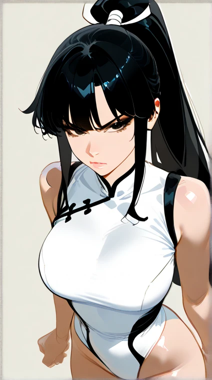 1 girl, solo, female, beautiful girl, medium breast, ((bare shoulder)), long black hair, long lock, long ponytail, (((wear chinese dress))), bust portraid, monochromatic.