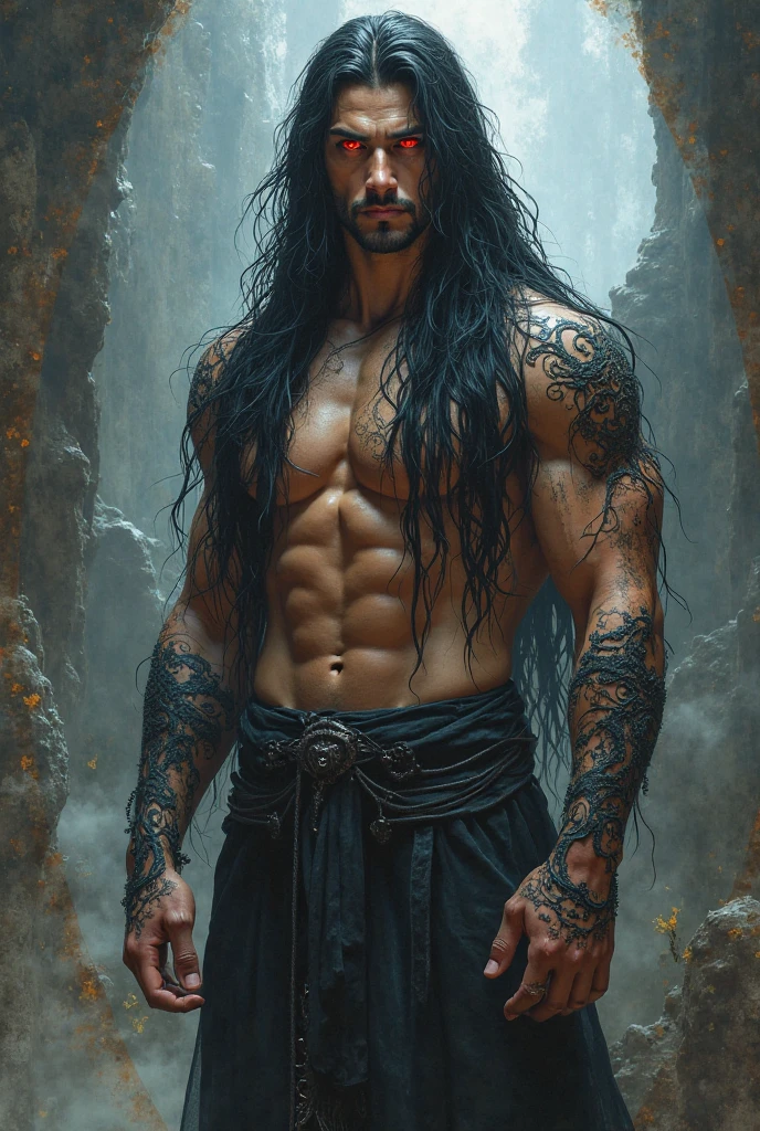 a man with long hair, beautiful detailed eyes, beautiful detailed lips, extremely detailed face, longeyelashes, tan skin, muscular body, wearing a tattered robe, standing in a dark, stormy landscape, dramatic lighting, dark moody colors, digital painting, cinematic lighting, highly detailed, photorealistic, 8k, masterpiece
