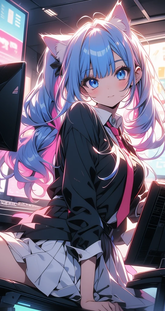 NFSW, (Masterpiece, Top Quality), 1 girl, RH, アニメ, 13-year-old, bedroom with lights out, standing, from front, high definition, Japan, smile, (silver hair), twin tails, medium hair, red hair bobbles, hair ornament, long sleeves, white shirt, necktie, collared shirt, orange jacket, black skirt, 1990s anime style, Small breasts