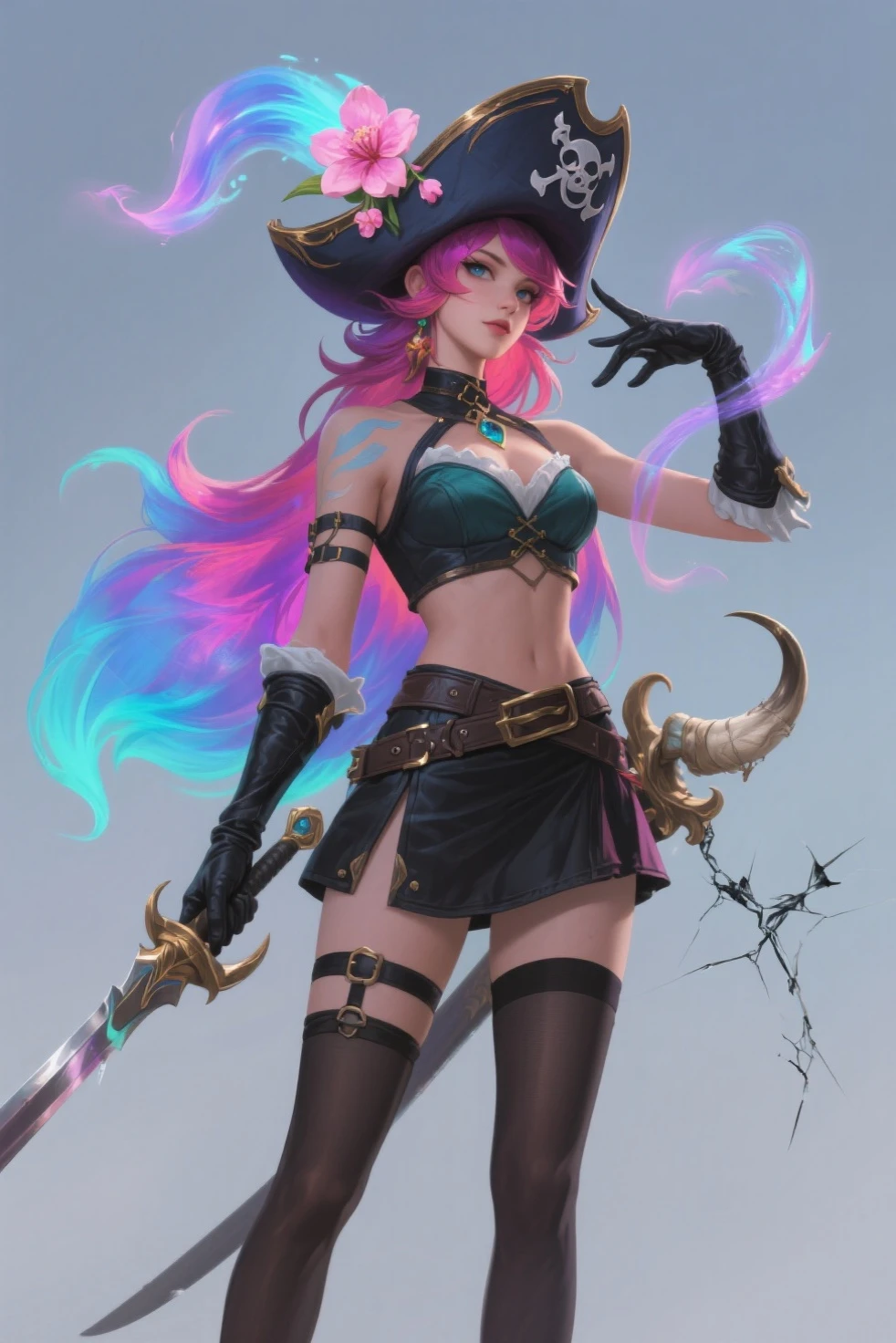 Close-up of a woman wearing a hat and a sword, olympic jinx, portrait of A curse from the arcane, Jinx in League of Legends, A curse from the arcane, Samira in League of Legends, Very detailed artgerm, League of legends characters, curse emoticon, Ross Drulus and Jazz, details, I hate you, cursed face