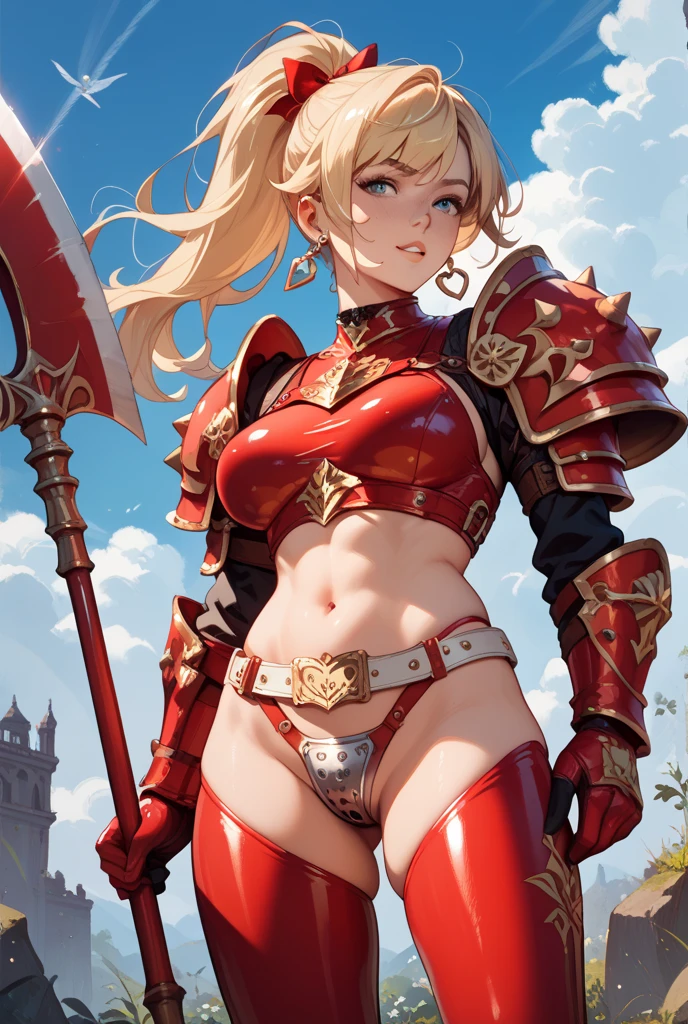 "(masterpiece:1.1), best quality,
1girl, (80s anime style:1.4), (eyelashes:1.5),
(intricate high detailed body:1.2),
blonde hair,
(hair over one eye:1.1),(short hair, french braid:1.1), (holy hat:1.2),
red eyes, (red lip stick, detailed pupils:1.1),
(slim body:1.2), (gigantic breasts:1.3),
expressionless,
(lace bikini armor, tattoo:1.2), (garter belt:1.2),
(knight armor, armored boots, capelet:1.2), (ribbon:1.1), (earrings:1.1), gloves,
standing,
(upper body:1.1),
(simple white background:1.2)"
