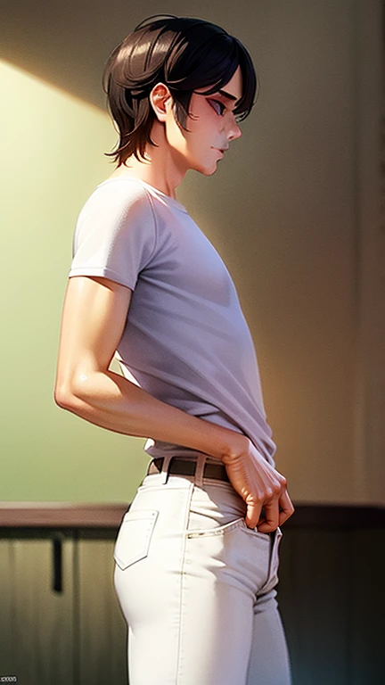18Year old boy、Short brown hair、Right behind、(((Back view)))、((In a white T-shirt))、((The lower half is naked))、Spread your arms、No background、Leg spread