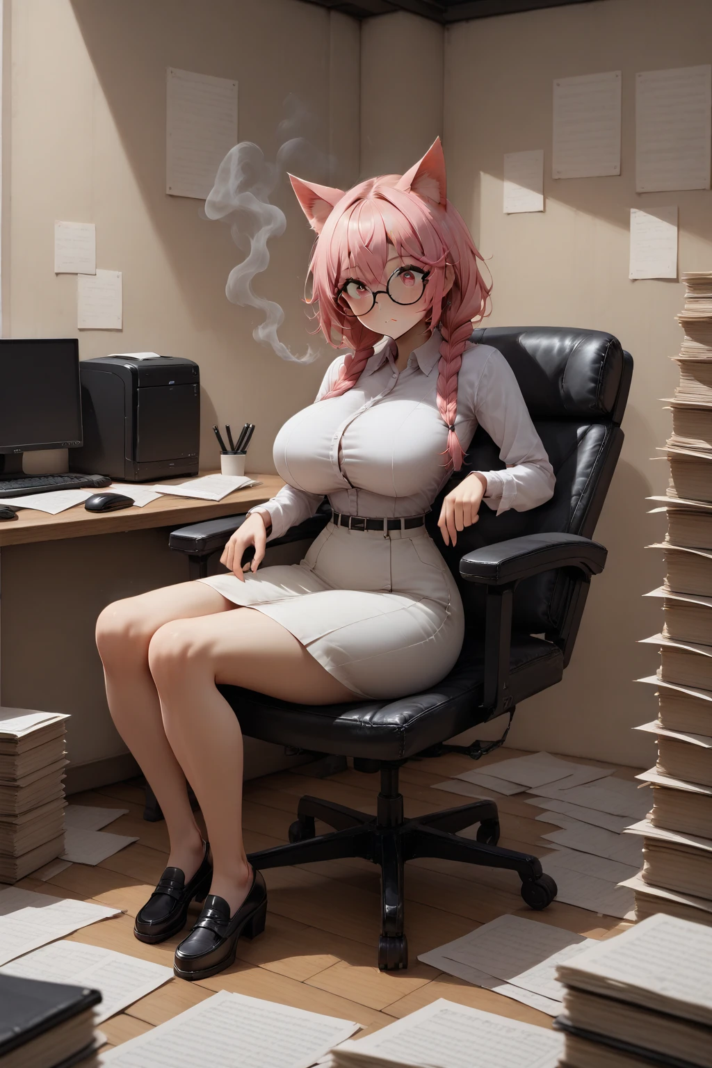 1girll,nedium breasts,1boys,Large breasts,thigh high,heterosexuality,cleavage,hindquarters,Wear glasses on your head,ssmile,long whitr hair, from behind,Sexual huge breasts cleavage,all fours,By bangs,tiese,Blushlush,sun glasses,Doggie style,red color eyes,trouser,looki at viewer,The shirt,White color blouse,A pink-haired