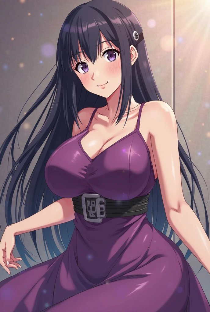 1 girl, purple slightly black hair, very big breasts, sexy body, smiling, wearing a tank top, showing her armpit 