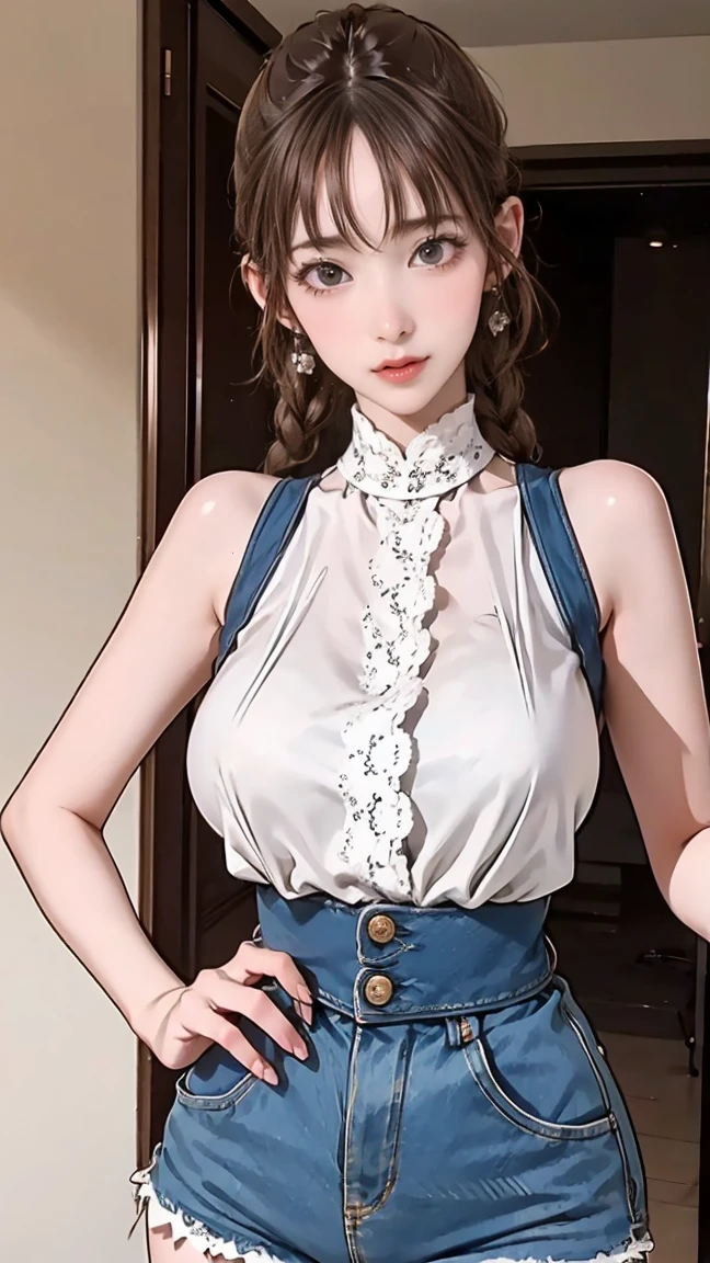 yamanaka ino, hair over one eye, ponytail, hairclip purple crop top, sleeveless, purple skirt, fishnets, earrings, midriff, ultra realistic, high res, highly detail, masterpiece, best quality, blushing, kawaii face, cute face, fighting pose, looking at viewer, blonde hair