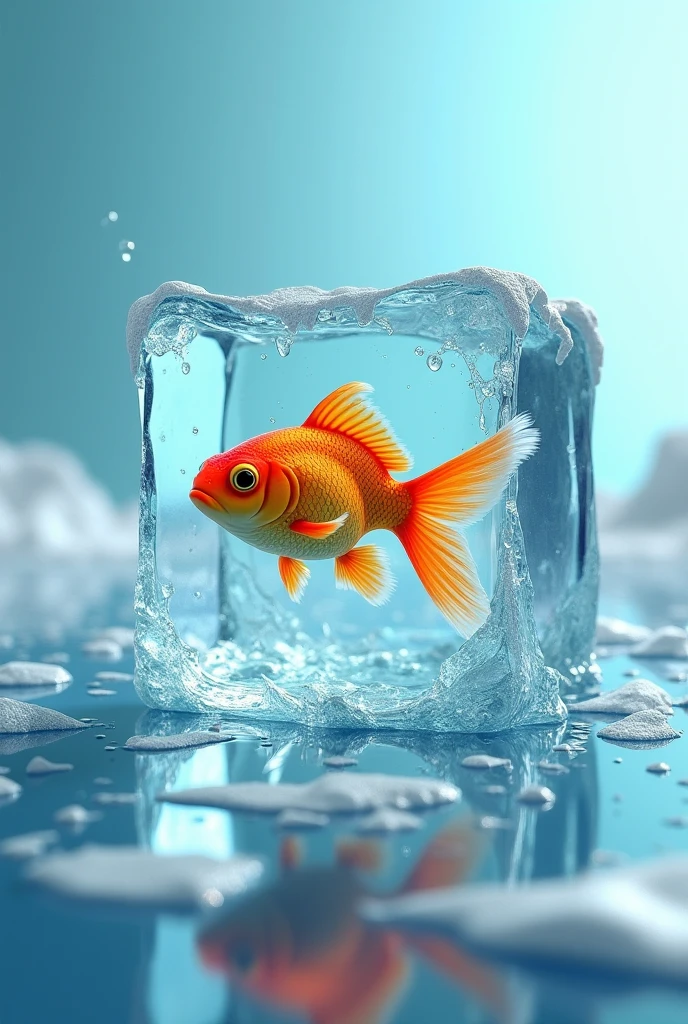 One fish on big rectangle ice cube, tale touch ground