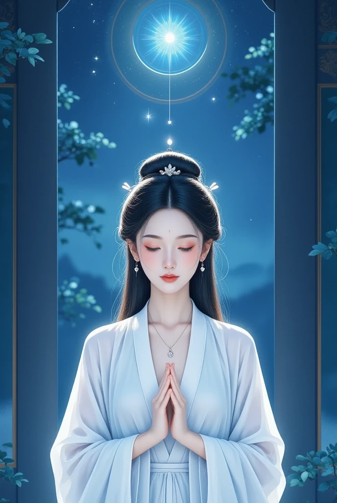Beautiful young goddess , smiling gently, meditating , half-open eyes, perfect face, standing in the teacher's house, Perfect Balanced Body, Beautiful Brown Eyes, Light pink lips, Well-shaped medium , beautiful cleavage, earrings, necklace, Glossy Beautiful Skin, she's wearing a white dress, Hand poses are natural and cool, stars shining in the blue night sky々, in a wonderful atmosphere, feels like one with the universe, neon lights, Super Detailed, High Details, top quality, 8k, Perfect drawing composition, Open the top of the image slightly, placed in the center of the image area, Detailed illustration art,