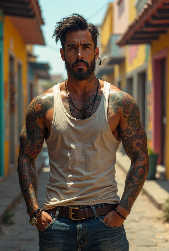 Mexican, muscular with tattoos and piercings, stomach 1,92, He is sweet and dresses in pastel colors but can be rude
