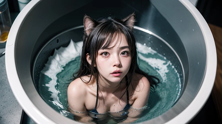Xiaorou SeeU, age 20, in an adorable sexy cat girl, big eyes, naked, acting adorable playing with bubbles, she is enjoying a bubble bath, bathroom with bubble bath in tub, bubbles cover nsfw content
