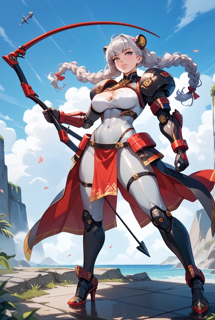 masterpiece, best quality, aliza, red eyes, headpiece, horns, ponytail, china dress, cleavage cutout, thigh boots, field, flowers, sky, large breasts, furrowed brow, kicking, sky <lora:aliza-nvwls-v1-000012:0.9>