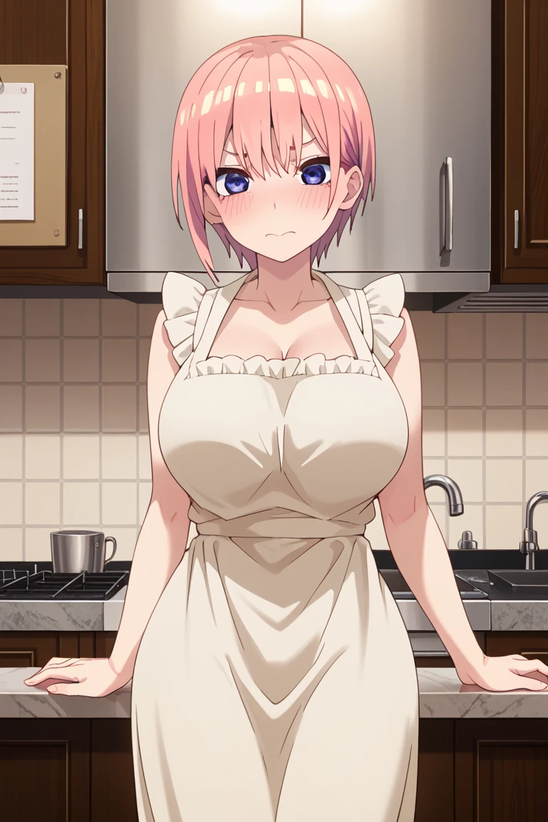 nakedエプロン、Put rice in front of you、One girl、18-year-old、Large Breasts、very cute、Light Hair Color、Shy expression、naked、Wearing an apron、nakedにエプロンを着けている、Japanese food is on the table、Her Room、living