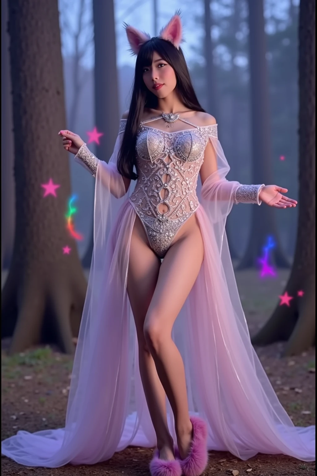 4K, UHD, masterpeice, 1 girl, good face, very long hair, ((white skin)), fairytale clothing, purple clothing, bare waist, fujicolor, window, depth of field, ray tracing, ultra realistic detailes, nude full body 